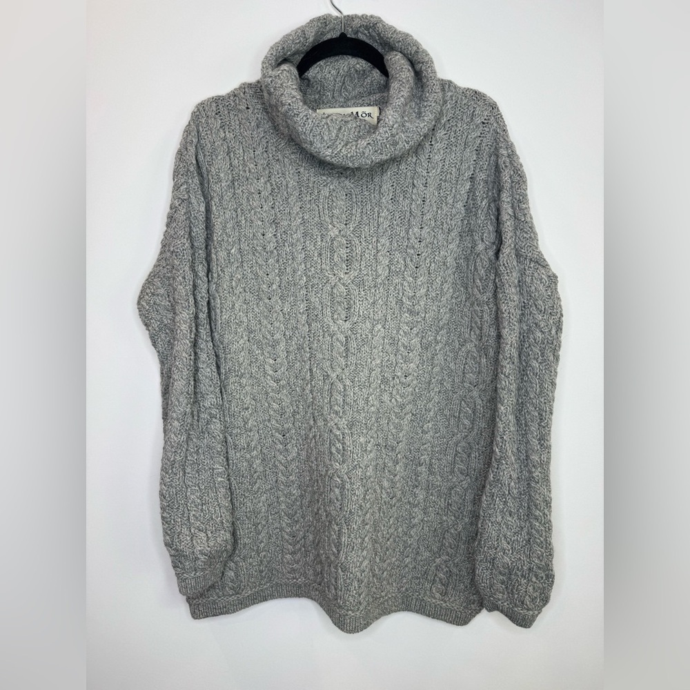 Aran Mor Merino Wool Turtleneck Sweater Made in Ireland Size L chunky cable knit